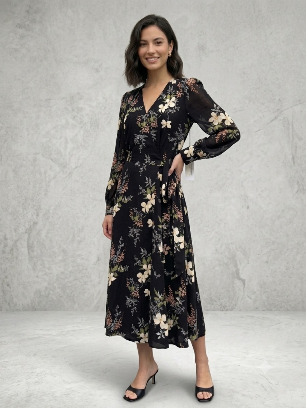 Reformation Black Floral Long Sleeve Wrap Midi Dress